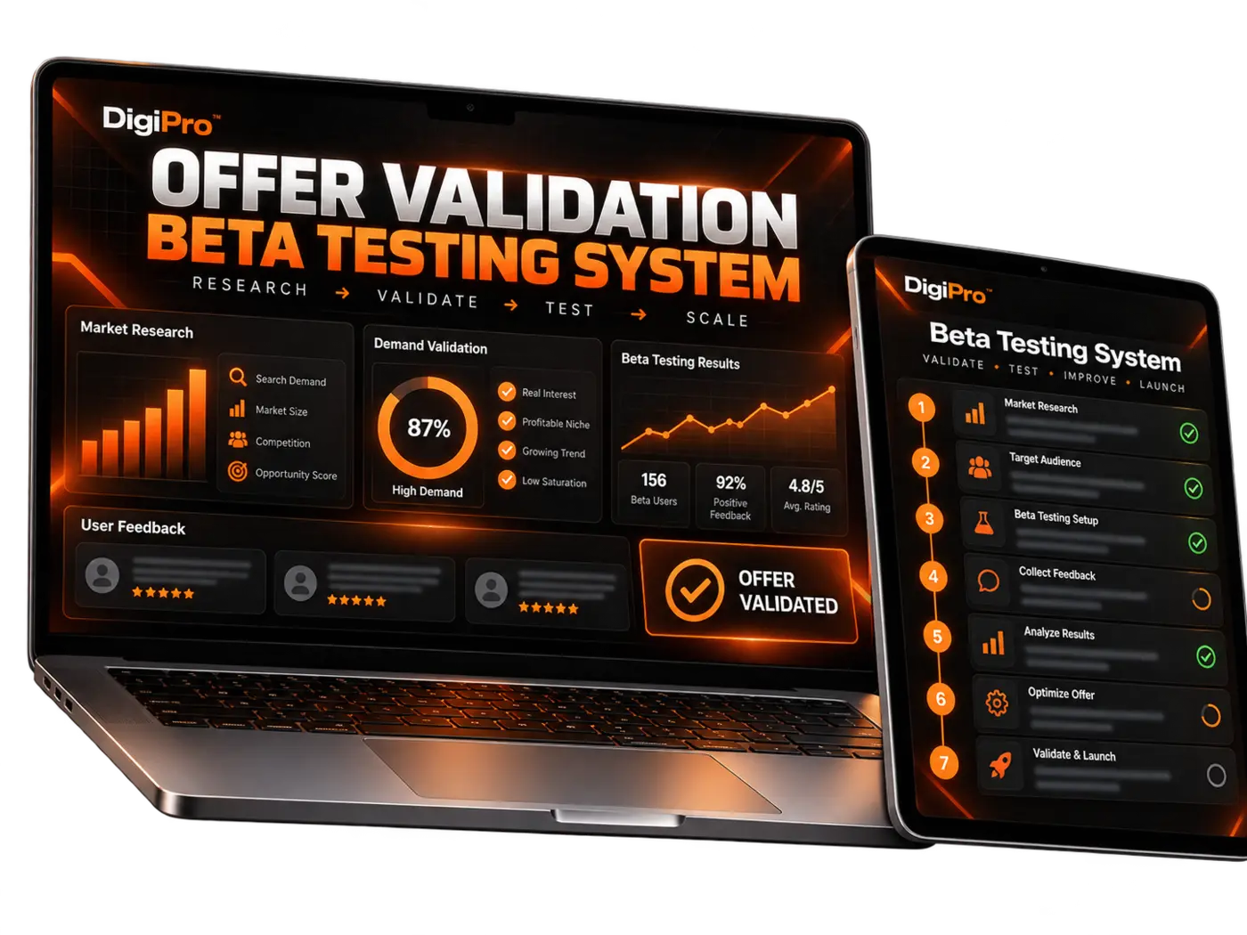 Offer validation and buyer research system shown on devices