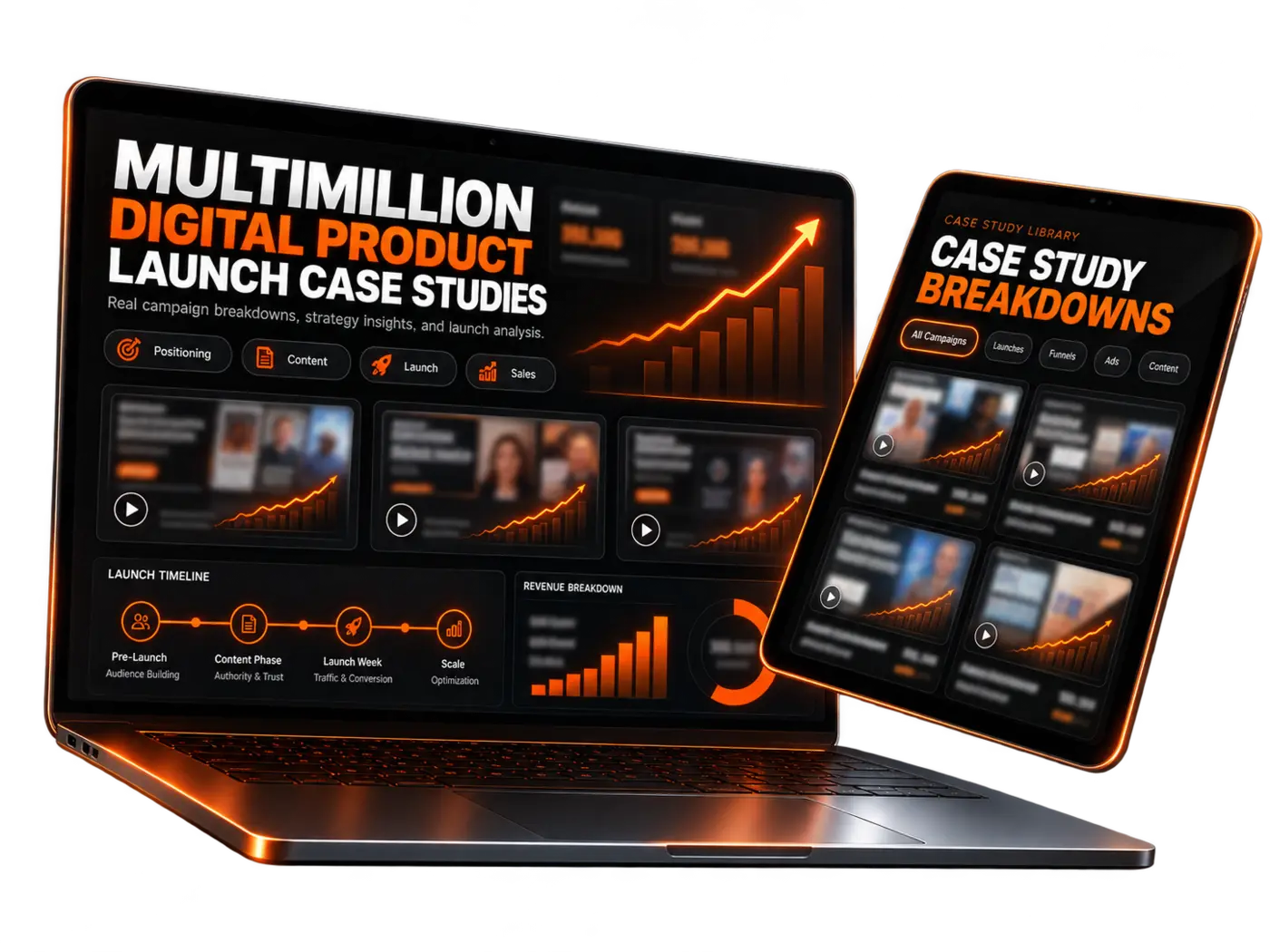 Multimillion digital product launch case-study library shown on a laptop and tablet