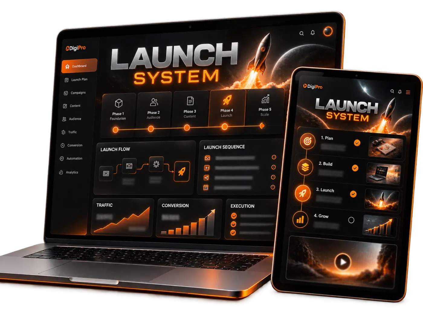 Launch System dashboard shown on angled devices