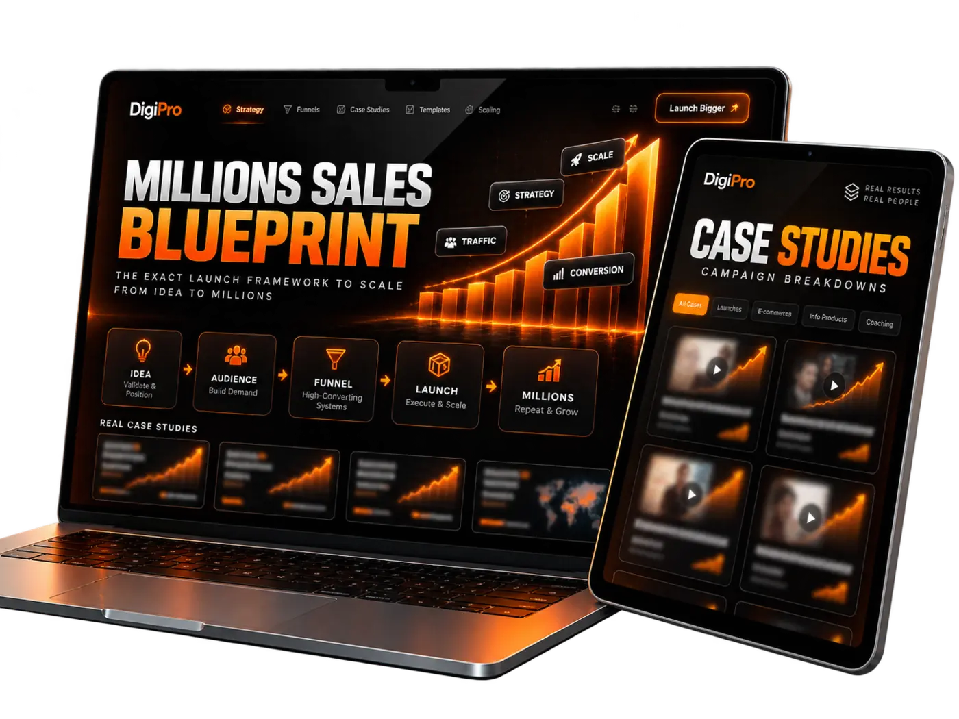 Millions Sales Blueprint and case study dashboard on laptop and tablet