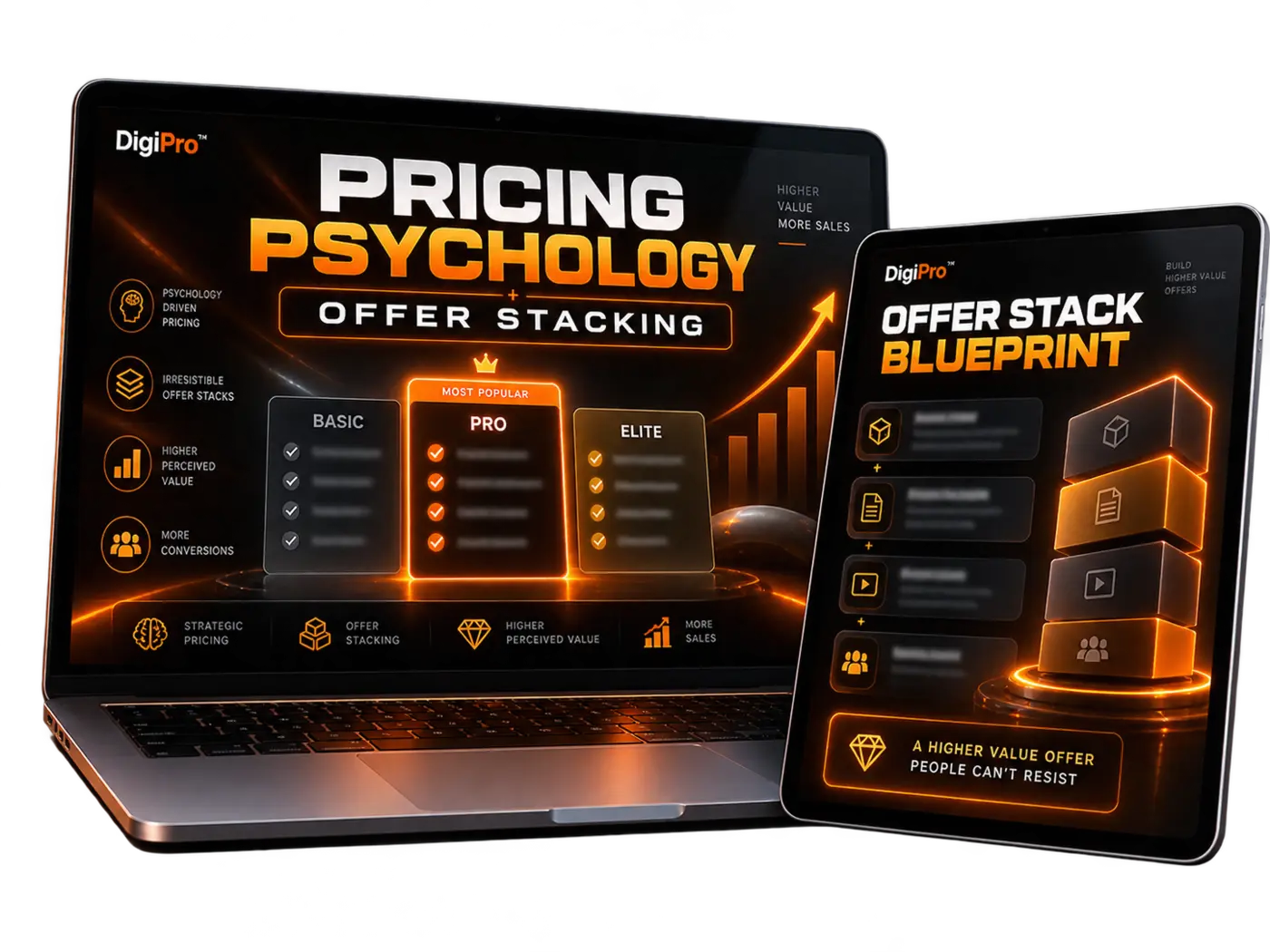 Pricing psychology and offer stack blueprint shown on devices