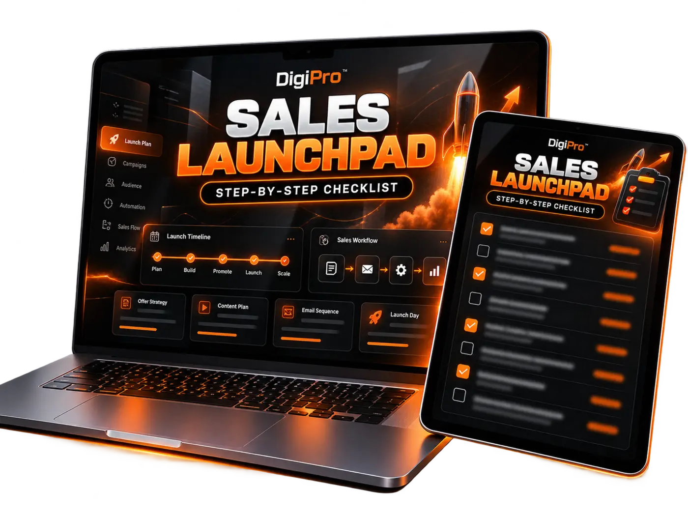 Sales Launchpad checklist shown on laptop and tablet
